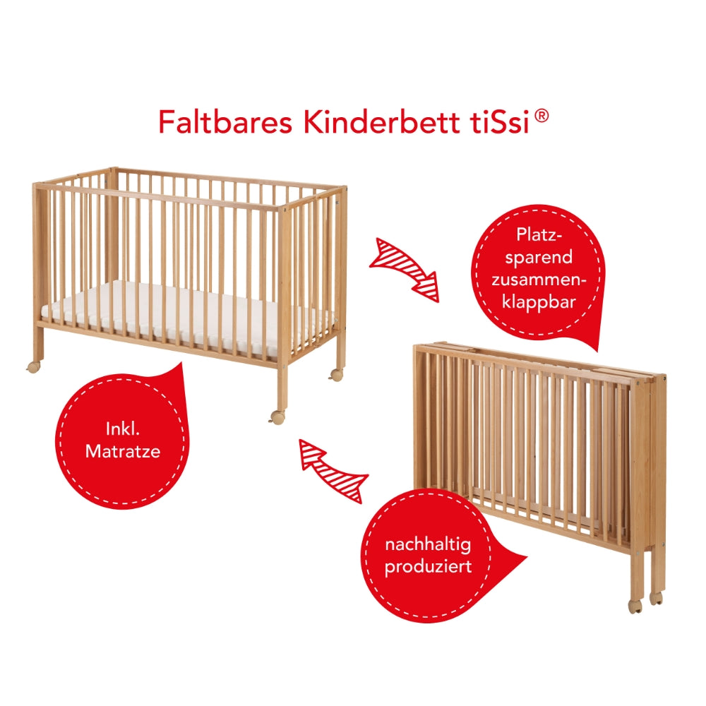 tiSsi Kinderbett Jori Reisebett Buchenholz faltbar mit Matratze